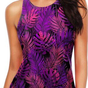 Holipick Purple Leaf High Neck Tankini Swimsuit XL